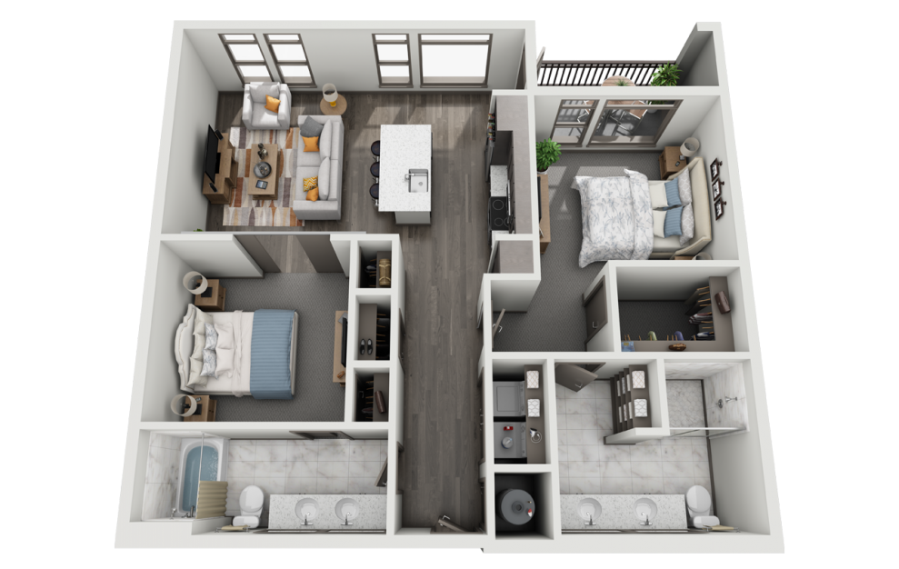 2A - 2 bedroom floorplan layout with 2 baths and 1128 to 1186 square feet. (3D)