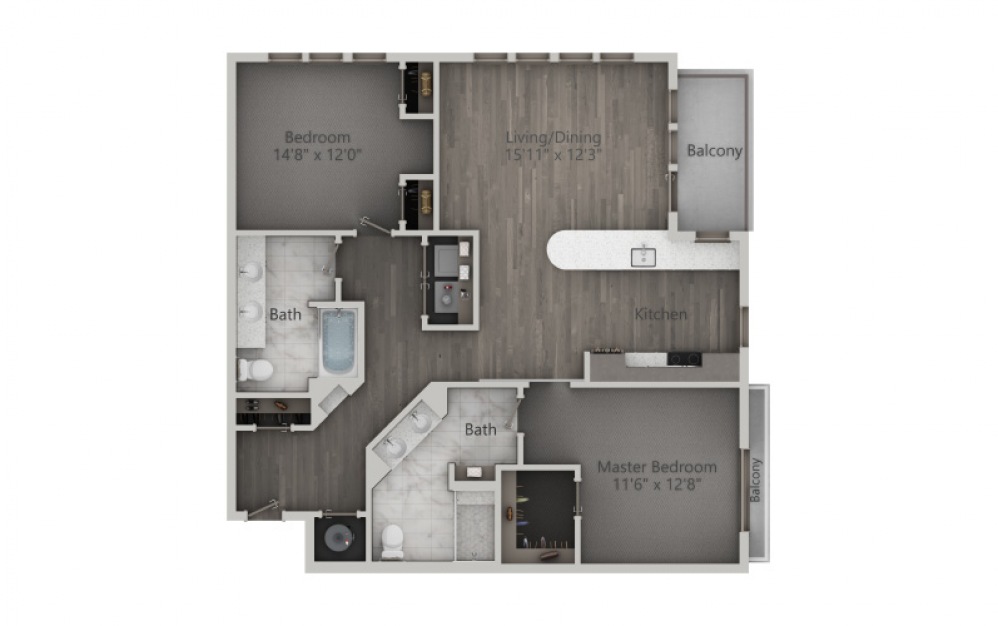 2B - 2 bedroom floorplan layout with 2 baths and 1296 to 1376 square feet. (2D)