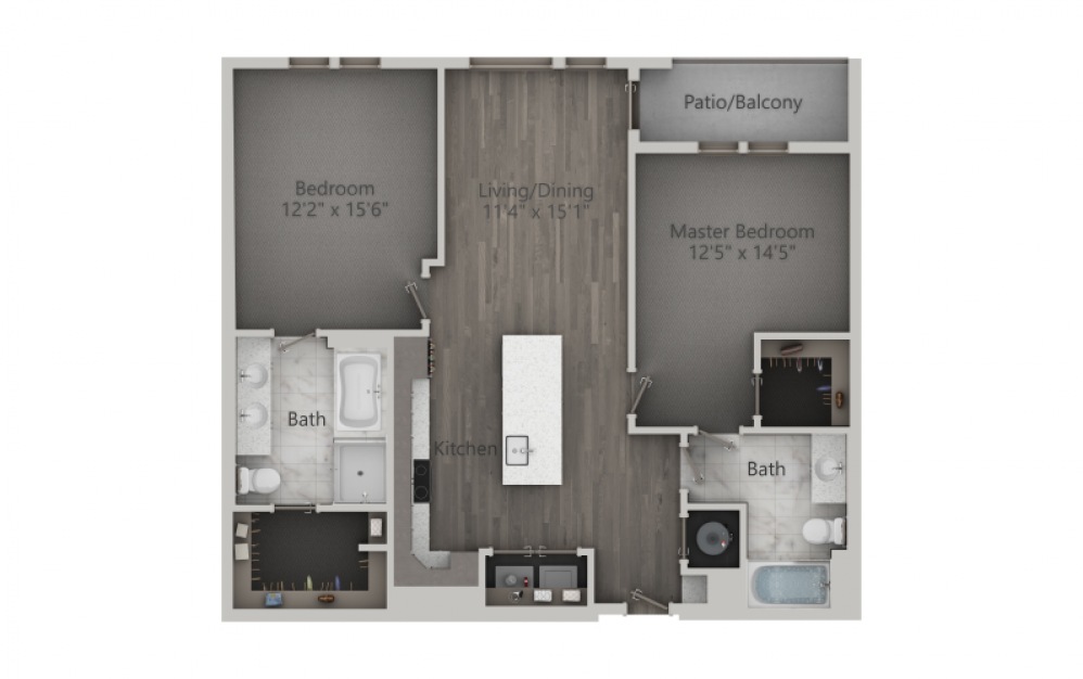 2C - 2 bedroom floorplan layout with 2 baths and 1173 to 1234 square feet. (2D)