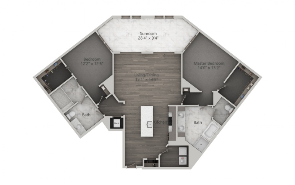 2D - 2 bedroom floorplan layout with 2 baths and 1747 square feet. (2D)