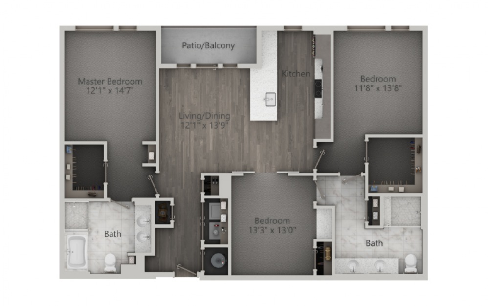 3A - 3 bedroom floorplan layout with 2 baths and 1524 to 1588 square feet. (2D)