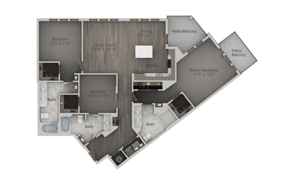 3B - 3 bedroom floorplan layout with 3 baths and 1668 to 1832 square feet. (2D)