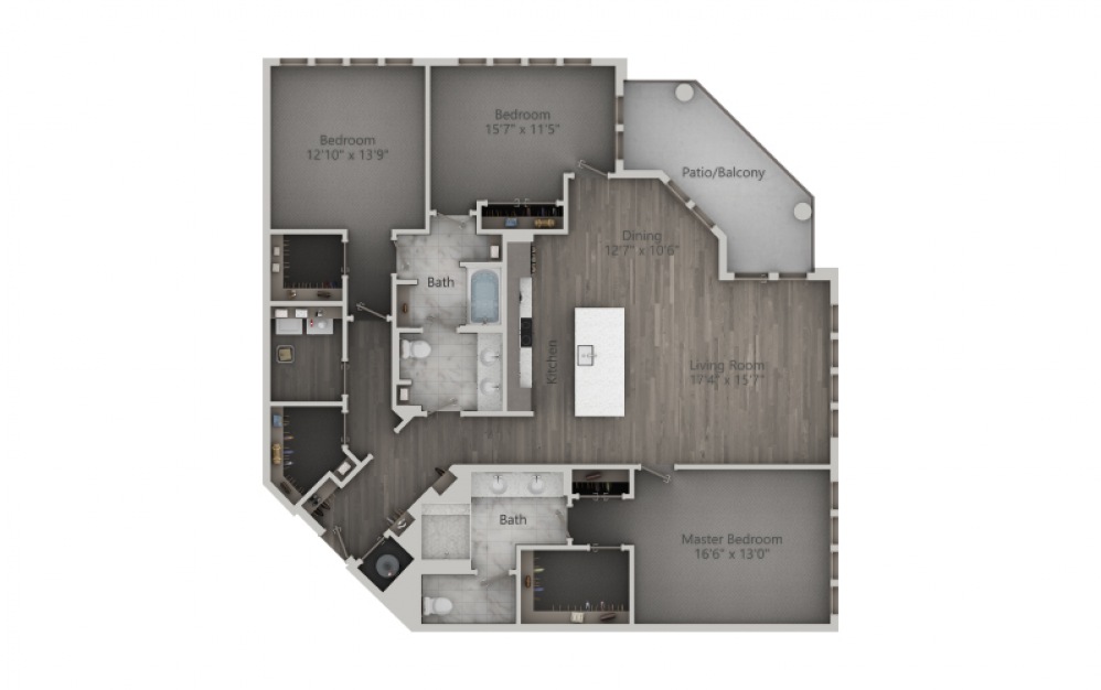 3C - 3 bedroom floorplan layout with 2 baths and 1963 to 2115 square feet. (2D)