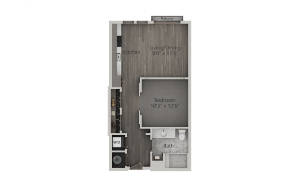 SB - 1 bedroom floorplan layout with 1 bath and 594 to 602 square feet. (2D)