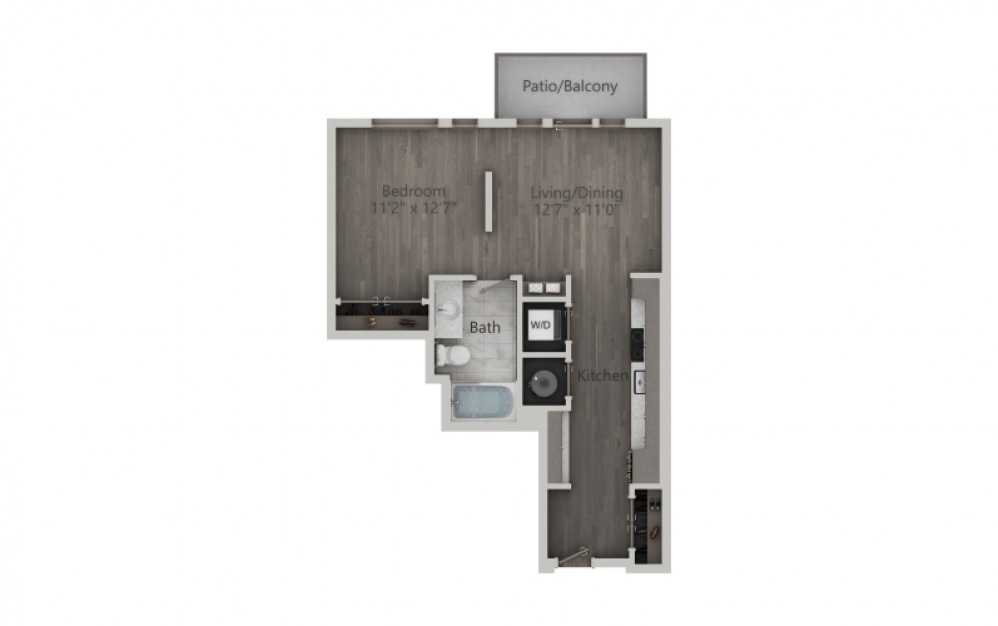 SD - 1 bedroom floorplan layout with 1 bath and 638 to 694 square feet. (2D)