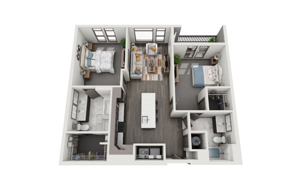 Guest Suite - 2 bedroom floorplan layout with 2 baths and 1173 square feet.