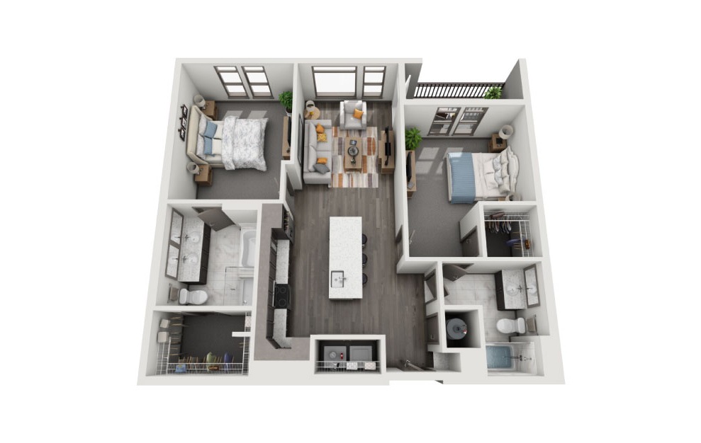 2C - 2 bedroom floorplan layout with 2 baths and 1173 to 1234 square feet. (3D)