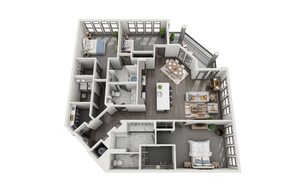 3C - 3 bedroom floorplan layout with 2 baths and 1963 to 2115 square feet. (3D)