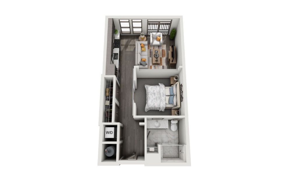 SB - 1 bedroom floorplan layout with 1 bath and 594 to 602 square feet. (Floor Plan / 3D)
