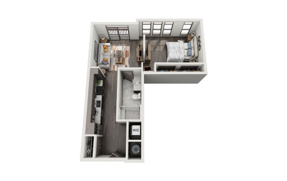 SC - 1 bedroom floorplan layout with 1 bath and 712 to 725 square feet. (3D)