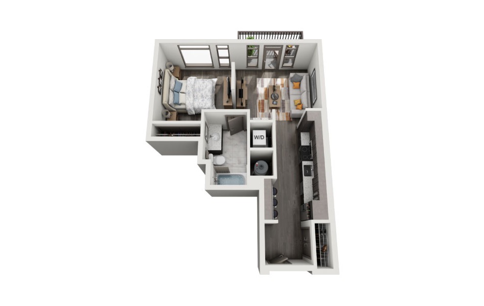 SD - 1 bedroom floorplan layout with 1 bath and 638 to 694 square feet. (3D)