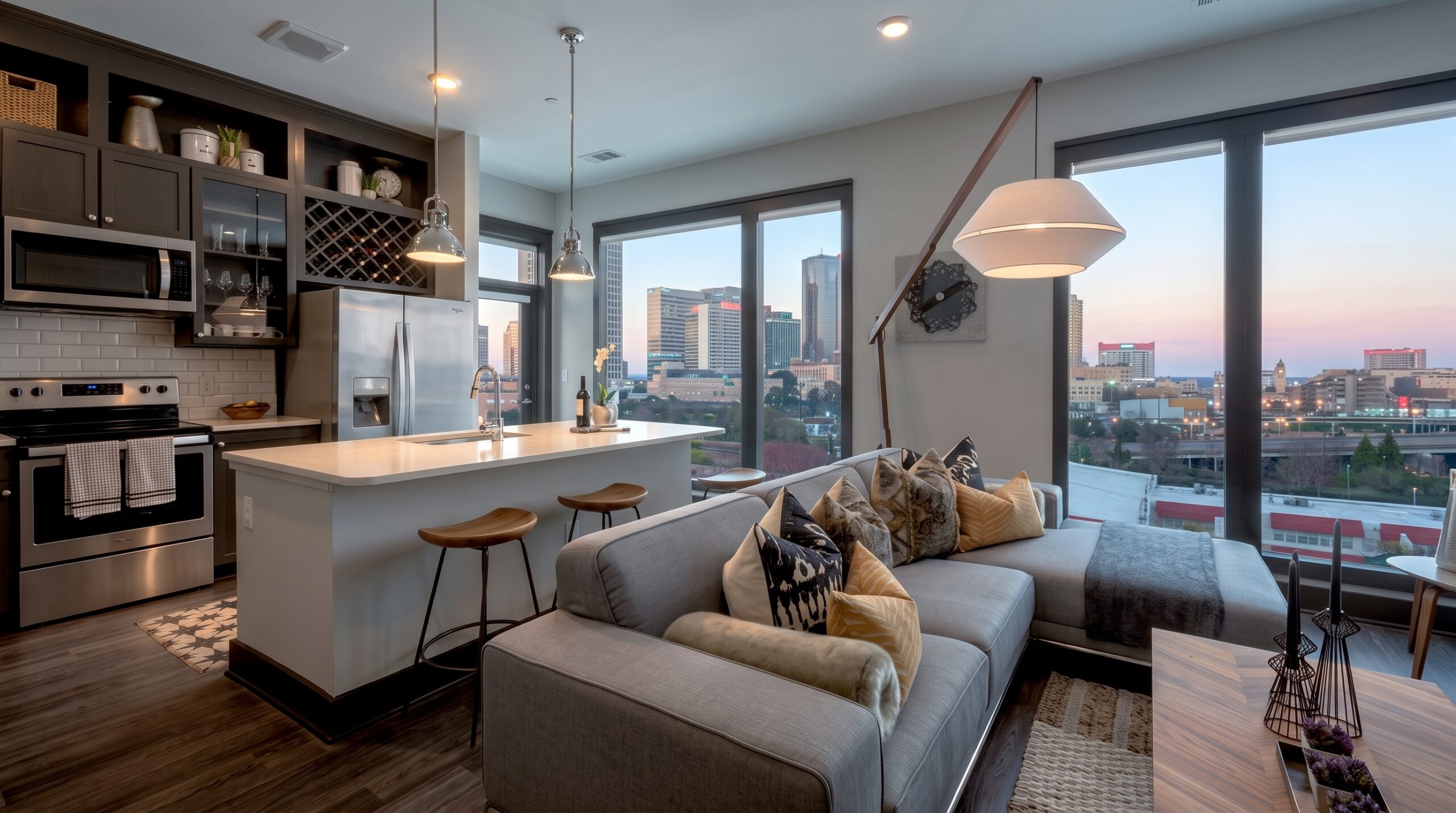 Residences at Capitol View luxury apartment interior living room with grey couch and tv